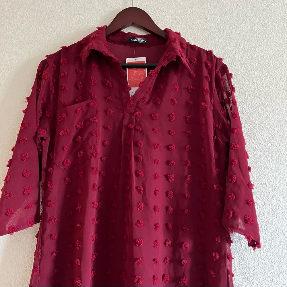 NWT Chic Style Size Small Burgundy Red 3/4 Sleeve Shift Dress - Picture 4 of 9